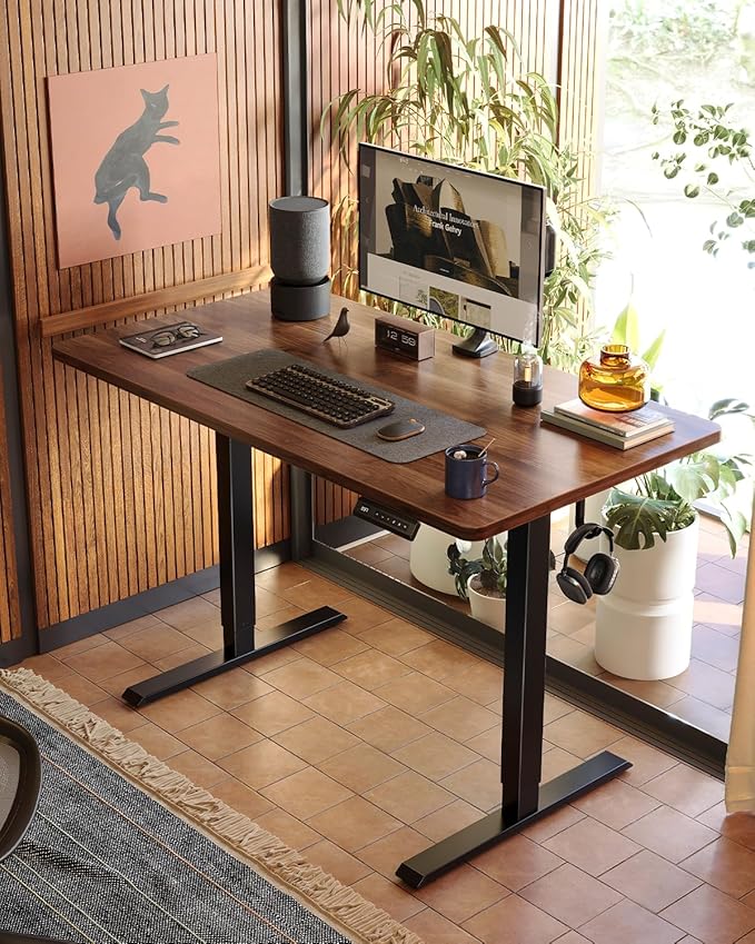 CubiCubi 40 x 24 Small One-Piece Standing Desk, Adjustable Height Electric Computer Sit Stand up Home Office Workstation, with 4 Memory Presets, Headphone Hook, Black Walnut