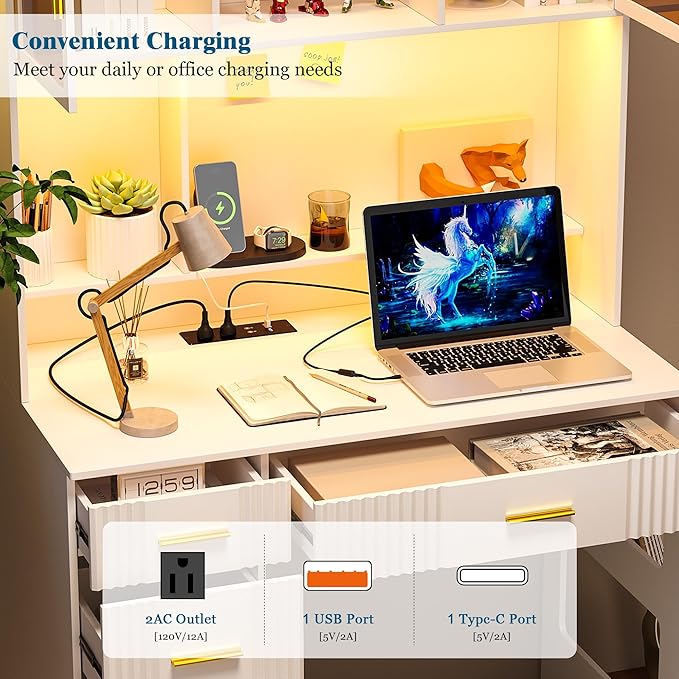 WOOVIVS LED Study Desk with Hutch and Drawer, Home Office Desk with Outlet, Computer Desk with Charging Station, Writing Desk for Bedroom, Workstation for Small Spaces (White)