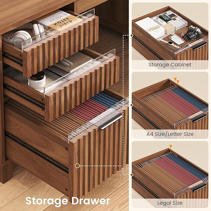 SEDETA 55.1" Fluted Office Desk with 6 Drawers, Modern Executive Desk with Acrylic File Drawers, Computer Desk with Power outlets for Home Office and Study (Brown)