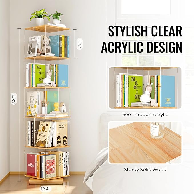TAKEKIT 5-Tier Rotating Bookshelf, 360° Spinning Book Shelf Tower with Solid Wood & Clear Acrylic, Square Revolving Bookcase for Kids Room, Living Room, Bedroom and Office