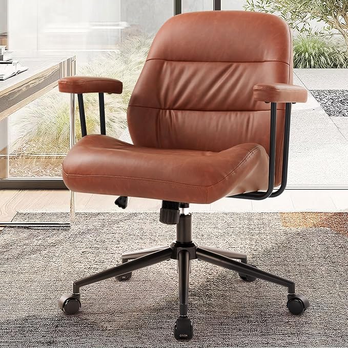 IWMH Home Office Chair, PU Leather Office Chair with Removable Armrests, Mid-Century Modern Desk Chairs with Lumbar Support, Ergonomic Executive Task Chairs, Height Adjustable (Brown)