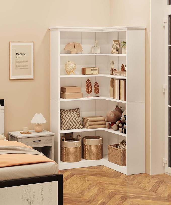 IDEALHOUSE Corner Bookshelf 72.8in Farmhouse Bookcase Large Bookshelves Wood Bookcase Tall 5 Tier Corner Shelf L Shaped Bookshelf Storage Display Rack Living Room Bedroom (White, Full Panel)