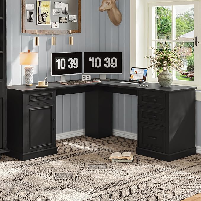Vabches Farmhouse 59" L-Shaped Executive Desk with Drawers, Wood Home Office Corner Desk with Charging Station, File Drawer, Storage Cabinet, Rustic Computer Writing Desk for Home Office(Black