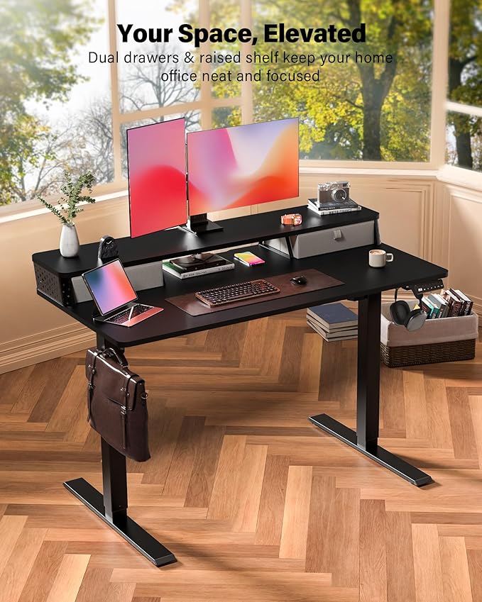 FiCiHi 55x24 Inch Standing Desk with Drawers, C-Clamp Mount Compatible, Electric Adjustable Height Computer Stand Up Desks, Home Office Sit Stand Table with 3 Preset Heights, Black