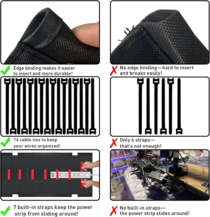 Under Desk Cable Management No Drill – 48" L x 6" W Cord Organizer, Upgraded Silicone Pads (No Scratch), 16 Cable Slots, Washable PE Honeycomb Base, Fits Desks 0–2.1" Thick, Black