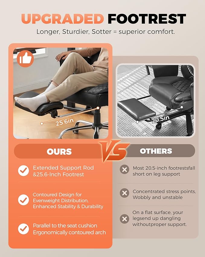 COMHOMA Big and Tall Office Chair with Upgrade Footrest, Heavy Duty Gaming Chair High Back Executive Chair with Spring Lumbar Support for Lower Back Pain Relief, 150°Reclining Adjustable Armrests