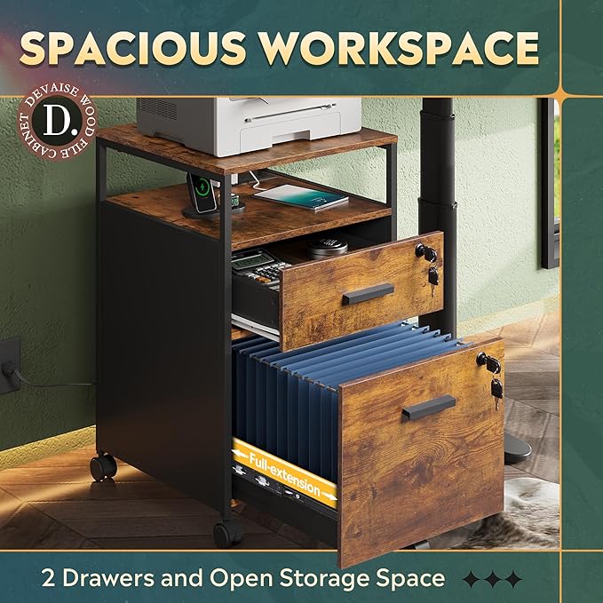 DEVAISE 2 Drawer File Cabinet with Lock, Charging Station & Adjustable Shelf, Rustic Wood Filing Cabinet, Mobile Printer Stand for A4/Letter Size Home Office, Brown