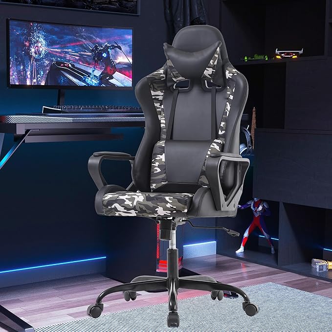 PayLessHere Ergonomic Racing Desk Chair Gaming Chair Computer Chair with Armrests 360° Swivel & Caster Pu Desk Task Chair Executive Headrest Lumbar Support for Back Pain Women Men and Adults (Camo)