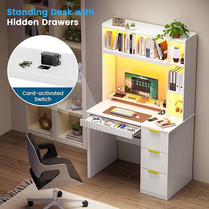 WOOVIVS Home Office Desk with Hutch & LED Lights - 39" Computer Desk with Charging Station, 3 Large Drawers, Hidden Compartment & Fluted Panel Design,White Writing Desk for Bedroom, Study
