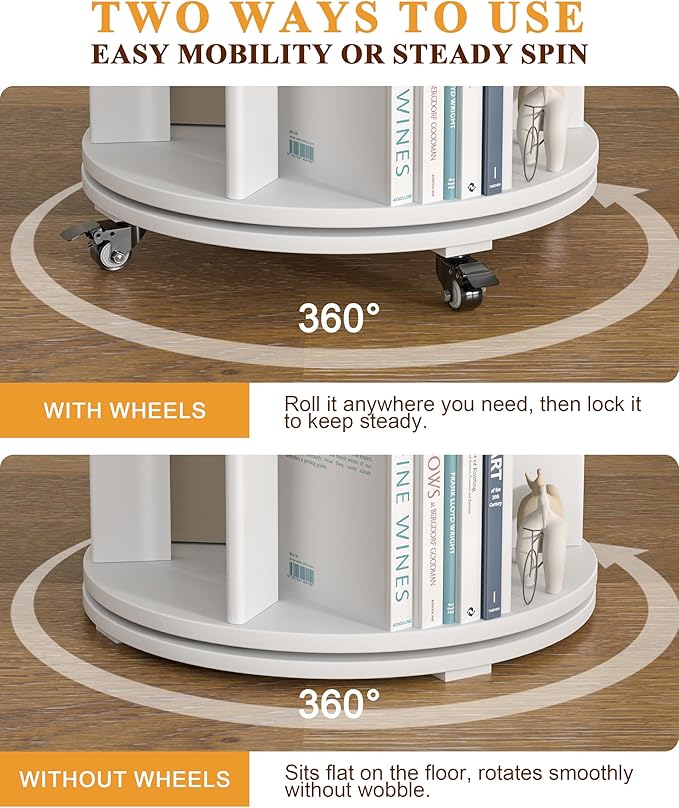 IUNVR Rotating Bookshelf, 4 Tier Solid Wood Bookshelf Tower with Lockable Wheels, 360° Spinning Revolving Bookcase for Small Spaces, Corners, Bedroom, Kids Room, Home Office, White