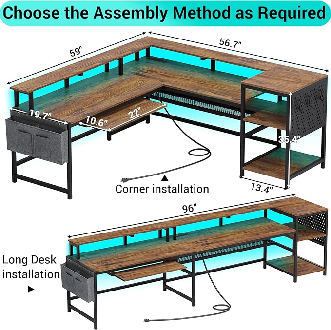 SEDETA L Shaped Computer Desk, Reversible Computer Desks, L Shaped Desk with Power Outlets & LED Strip, Monitor Shelf, Keyboard Tray, Pegboard and Storage Shelves for Home Office, Rustic Brown