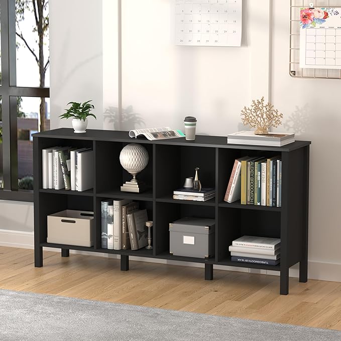 8-Cube Bookcase, Farmhouse Wooden Bookshelf Low Storage Organizer, 59" Horizontal Black Console with Legs, Hallway Book Case for Entryway, Display Cabinet for Living Room (Black, 8-Cube)