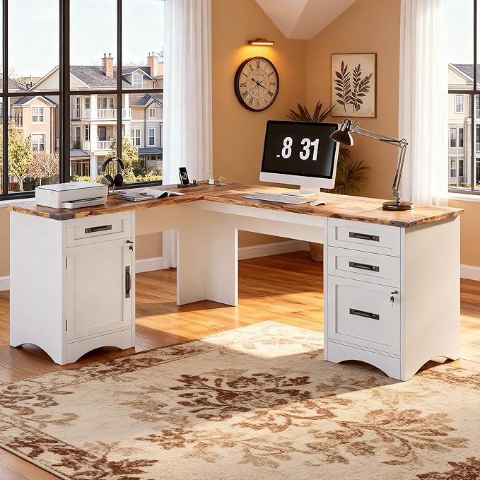 Decofy 67" Farmhouse L Shaped Standing Desk with Drawers Home Office Executive Desks with Fast Charging Station, Lockable File Cabinet, Wood Writing Computer Desk for Work, Study, White