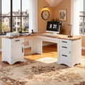 Decofy 67" Farmhouse L Shaped Standing Desk with Drawers Home Office Executive Desks with Fast Charging Station, Lockable File Cabinet, Wood Writing Computer Desk for Work, Study, White