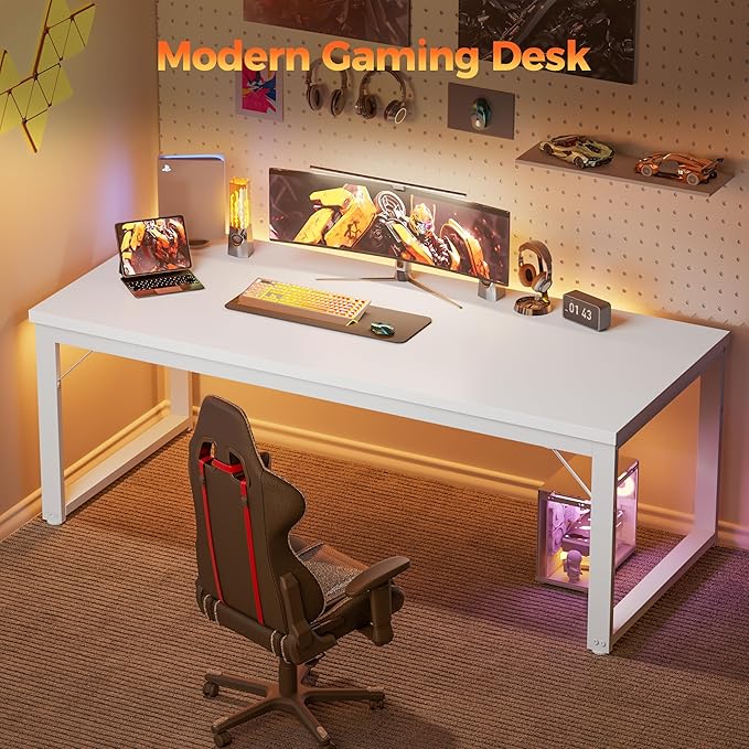 Mericonia 54 Inch Computer Desk, 1" Thick Heavy Duty Industrial Office Desk, Modern Simple Study Writing Table for Home Office Bedroom Workstation, White