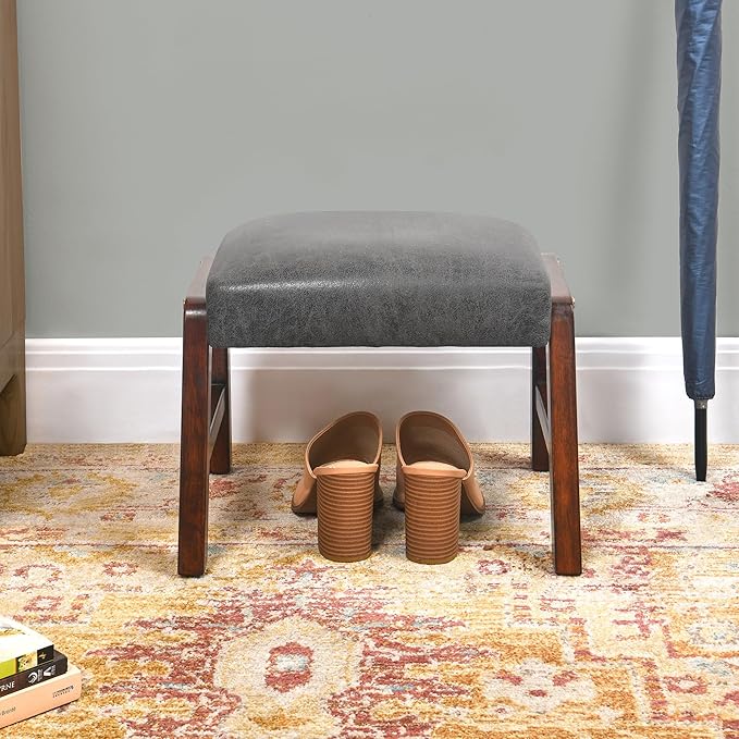 Small Footstool Ottoman, 11.8" H Fabric Wooden Foot Rest Ottoman with Wood Legs, Small Foot Stool Sofa Footrest Extra Seating for Living Room Entryway Office, Grey