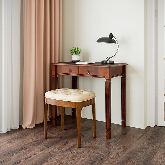 Biaco Small Wood Makeup Vanity Desk Set, Vintage Dressing Vanity Table Set with 2 Drawers & Matching Padded Bench Stool Writing Desk with Button Tufted Cushioned Stool, Cherry&Beige