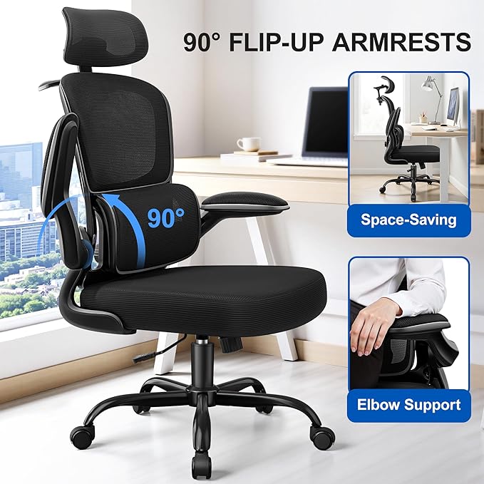 ALLGOD Ergonomic Office Chair, Mesh Desk Chair with Lumbar Support, High Back Home Office Chair with Adjustable Headrest and Flip-Up Arms, Comfortable Computer Chair, Thick Cushion, 300 LBS, Black