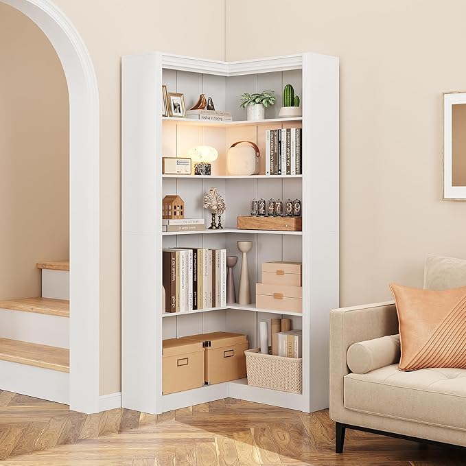 GarveeHome Corner Bookshelf, 71.8 in White Corner Bookcase, L-Shaped Bookshelf Large Bookcase, 5 Tier Display Shelf Heavy Duty Bookcases, Bookshelves with Storage