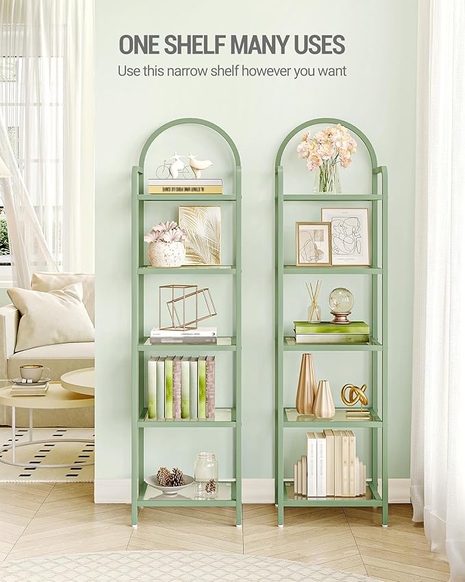 Hzuaneri Bookcase Bookshelf, Tempered Glass Bookshelves, Slim Shelving Unit for Bedroom, Bathroom, Home Office, Steel Frame, 5 Tier Green BC05099C