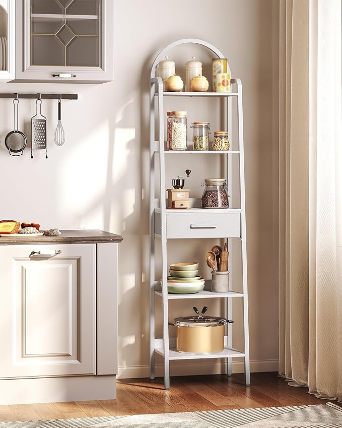 CHOEZON 5 Tier Ladder Shelf with Drawer, Tall Ladder Bookshelf, Standing Bookcase with Metal Frame for Living Room, Bathroom, Home Office, Study, Balcony, White TCJ07WB