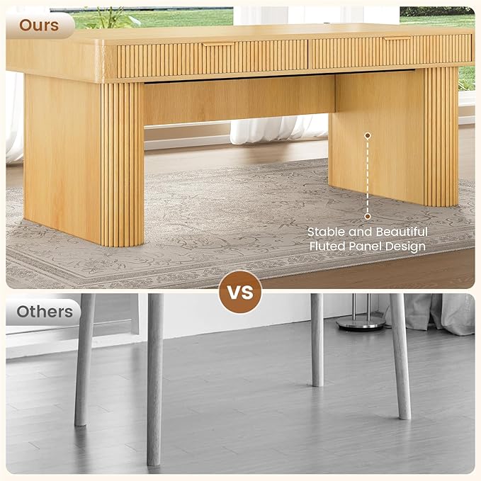 SEDETA Office Desk with 2 Drawers, 59" Fluted Computer Desk with Storage and Power Strip, Wood Executive Desk, Writing Desk for Home Office, Living Room, Bedroom, Oak