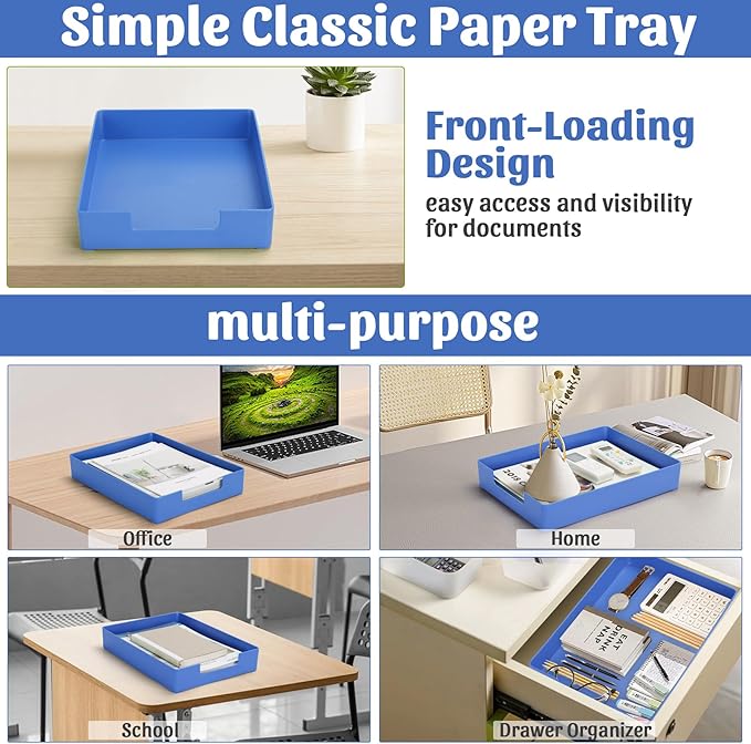 Letter-Size Tray Desk Letter Tray Paper Tray, Sturdy Heavy-Duty Plastic Printer Paper Tray, Single-Tier Stackable File Storage Organizer for Office Home (Blue)