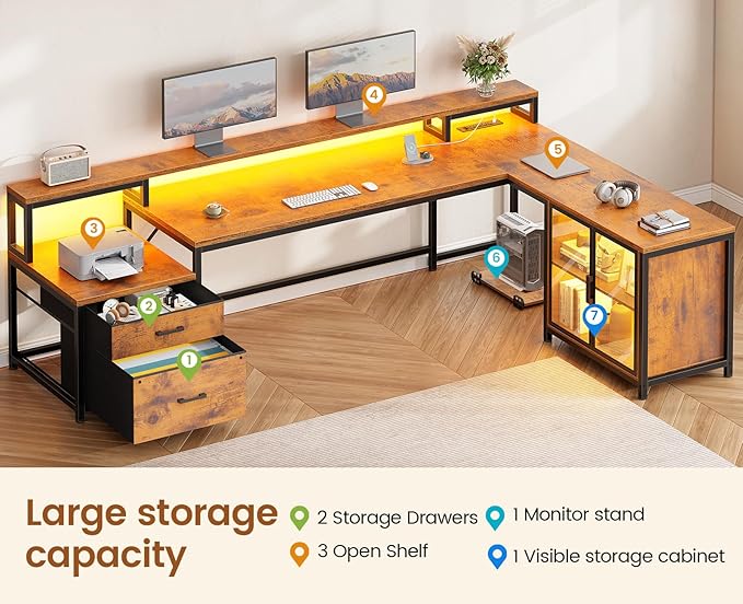 SEDETA 78.7” Large L Shaped Desk with Storage Drawers, Office Desk with File Drawer and Display Cabinet, L Shaped Gaming Desk with Storage, Power Outlet and LED Lights for Home Office, Rustic Brown