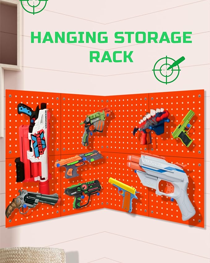 Skywin 2 Pack Wooden Pegboard Wall Organizer for Nerf Gun 13 x 13 x 0.31 Inches, Hanging Wall Pegboard Holder Compatible with All Blasters Nerf Gun Rack Organizer for Wall Organization (Orange)