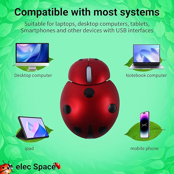elec Space Mini Small Wireless Mouse for Kids, Cute Animal Ladybug Shape 3000DPI Portable Mobile Optical Mouse with USB Receiver Cordless Mouse for PC Mac Laptop Computer Notebook (Red)