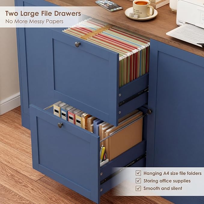 HIFIT 72'' Tall File Bookcase with Power Outlet & Printer Stand, 2 Drawer Filing Cabinets for Home Office Fit Hanging A4/Letter File, Storage Cabinet w/ 3 Tier Book Shelf & Doors for Living Room, Blue