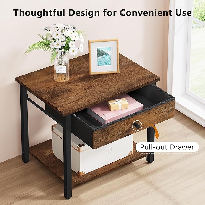 Gewudraw Printer Stand with Storage Drawer, 2-Tier Under Desk Printer Table, Shelf for Home Office, Living Room, Bedroom, Bathroom,Brown