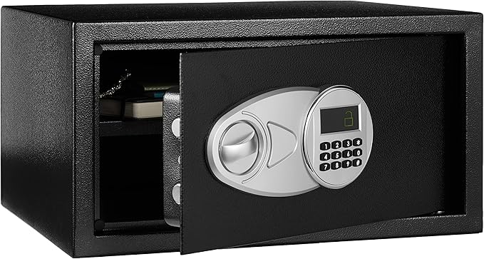 Amazon Basics Steel Security Safe and Lock Box with Programmable Electronic Keypad, for Valuables, Cash, Jewelry, Documents, Black, 1 Cubic Foot, 16.9-x-14.6-x-9.1-inches (WxDxH)