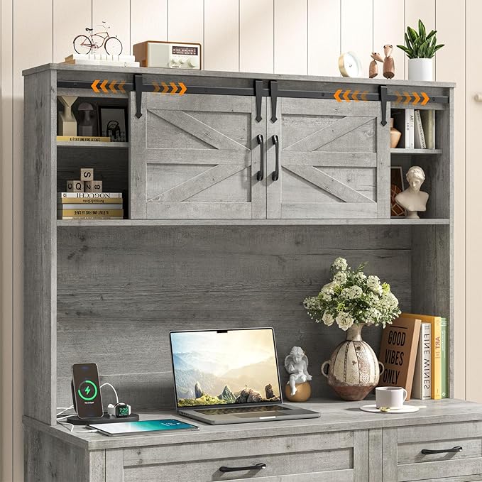 Vabches Farmhouse 67" H Executive Desk with Hutch,Office Table with LED Light and 5 Drawers,Computer Desk with Charging Station,File Drawers and Storage Cabinet,Workstation for Home Office.Grey