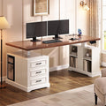 SEDETA Farmhouse Electric Standing Desk, 63" Height Adjustable Computer Desk with 3 Drawers, Storage Shelves, Power Outlets, Wood Home Office Stand up Desk for Work, Study, Writing, White