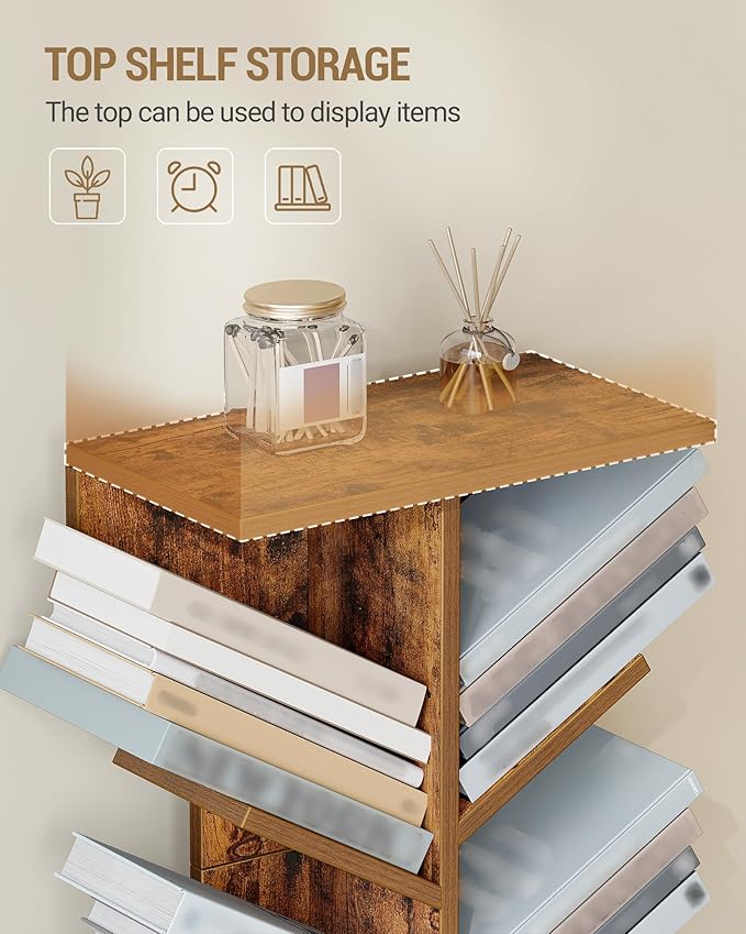 Hzuaneri Tree Bookshelf, 11 Tier Narrow Bookcase, Display Shelf, Book Organizer, Small Floor Standing Book Shelf for Bedroom, Living Room, Home Office, Rustic Brown BC01601X