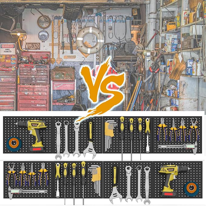 Metal Pegboard,4 Pack Metal Pegboard Panels With 8 Hooks,Black Pegboard Wall Organizer,16"x12" Steel Peg Boards for Walls,Tools,Garage,Office