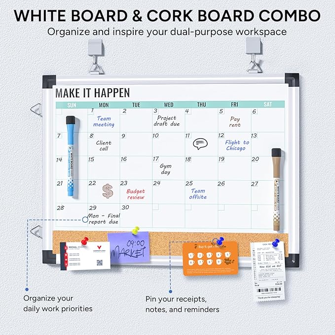 Marsrock Monthly Calendar Whiteboard and Cork Board Combo for Wall, 17"x13" Reversible Hanging Dry Erase Board, Double Sided White Board with Aluminum Frame for Planning, Office, Kitchen, School, Home