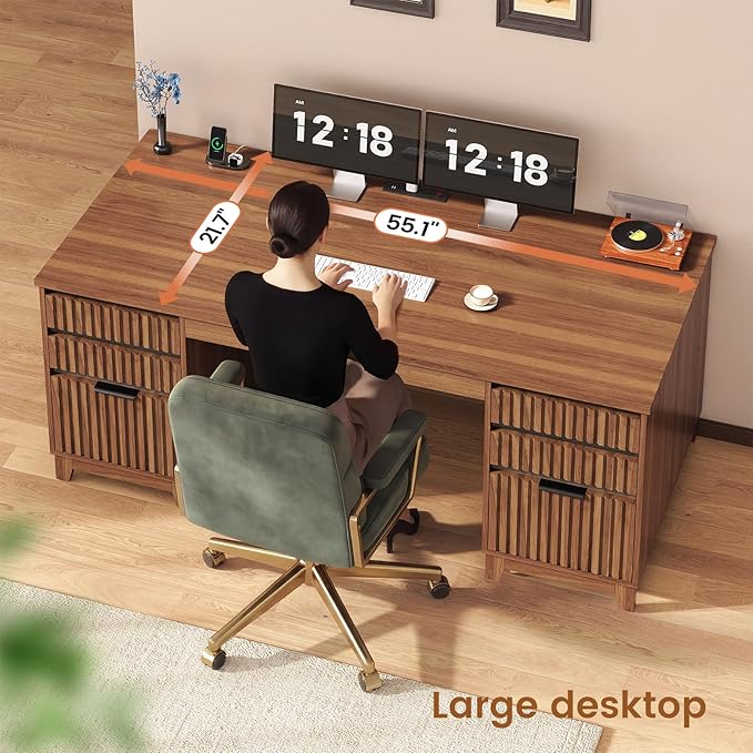 SEDETA 55.1" Fluted Office Desk with 6 Drawers, Modern Executive Desk with Acrylic File Drawers, Computer Desk with Power outlets for Home Office and Study (Brown)