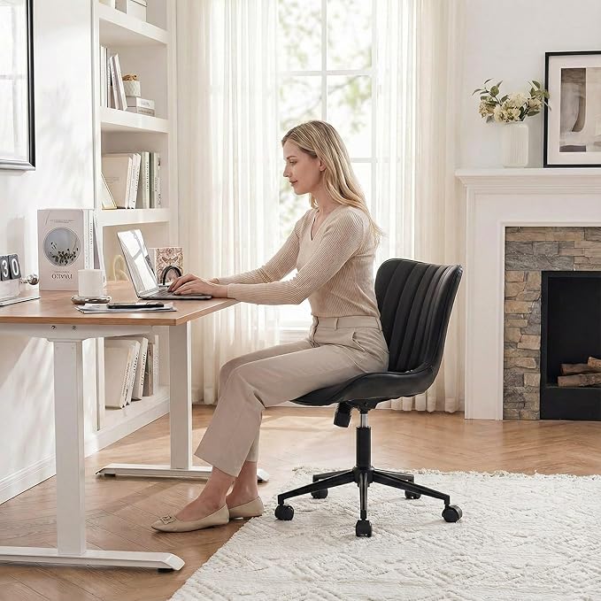 YOUNIKE Black Compact Home Office Desk Chair with Wheels Comfy Armless Cute Vanity Chair with Adjustable Rocking Back Modern Leather Upholstered Rolling Swivel Small Task Drafting Sewing Chair