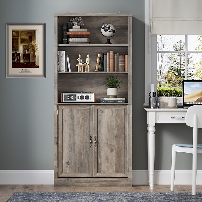 BORNOON 70.1" Tall Bookshelf with Cabinet, 5-Tier Floor Standing Bookcase with Doors & Adjustable Shelves, 31.5" Wide Storage Shelf, Metal Handles, Modern Organizer for Home Office, Living Room
