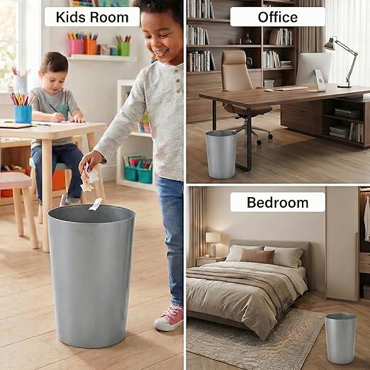 Mini Waste Basket - Durable Small Plastic Garbage Trash Can Bin - Lidless Open-Top, Slim Profile for Compact Spaces - Suitable for Home, Bathroom, Office, Bedroom, Kitchen and More, Silver Brushed