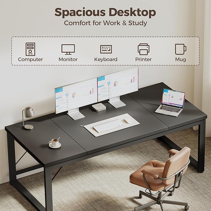 Mericonia 63 Inch Large Computer Desk, 1" Thick Heavy Duty Industrial Office Desk, Modern Simple Study Writing Table for Home Office Bedroom Workstation, Black