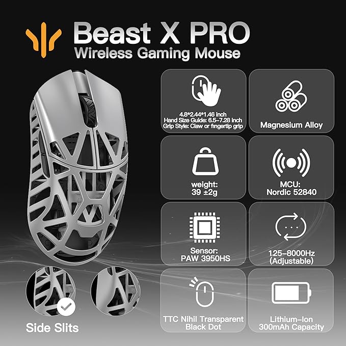 WLMOUSE Beast X Pro Ultra-Light 39g Magnesium Gaming Mouse, PAW3950 HS Sensor, 8K Polling Rate, 30000 DPI,OM & TTC Switches, Customizable Side Panels.(Silver(TTC Switch-Side Slits))