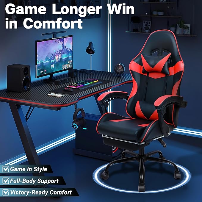 Gaming Chair with Footrest and Lumbar Support, Height Adjustable Chair with 360°Office Desk Chair,Heavy Duty 330lbs Computer Chair for Adults, Black & Red