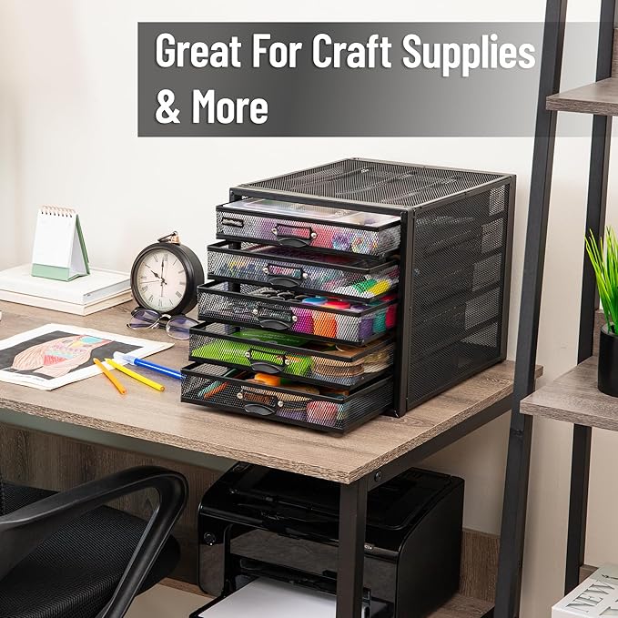 Mind Reader File Storage Drawers, Desk Organizer, Multi-Purpose, Crafts, Office, Metal Mesh, 11"L x 14"W x 11"H, Black, 5 Drawer