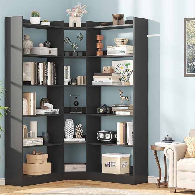Semoic 6 Tiers Corner Bookshelf and Bookcase with Baffle, 63.1" Tall Modern L-Shaped Storage Display Book Shelf Industrial Bookshelves for Bedroom, Living Room, Kitchen, Home Office, Black