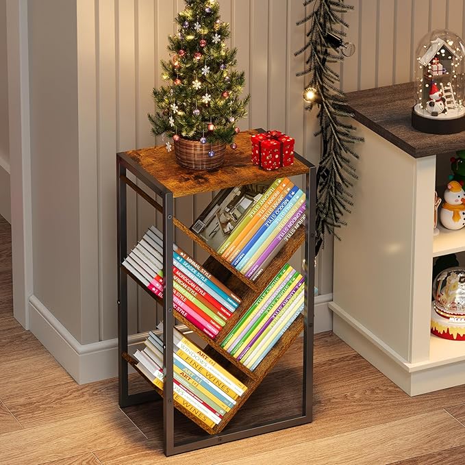Small Bookcase - 5 Tier Tree Bookshelf with EVA Pads, Book Shelf for Small Spaces Bookshelves End Side Table Wooden Book Storage Organizer for Hardcover Books Bedroom Living Room, Patent Pending