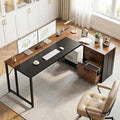 AODK 61" L Shaped Office Desk with Wood Drawers & Lockable File Cabinet, Reversible 21.7" D Corner Computer Desk with Built-in Power Outlets, Executive Desk for Home Office, Walnut