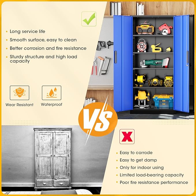 Greenvelly Metal Storage Cabinet, Steel Garage Cabinet with Doors and Adjustable Shelves, Metal Cabinet with Lock,Tall Metal Office Storage Cabinet for Garage,Home Office,School (Black Blue)